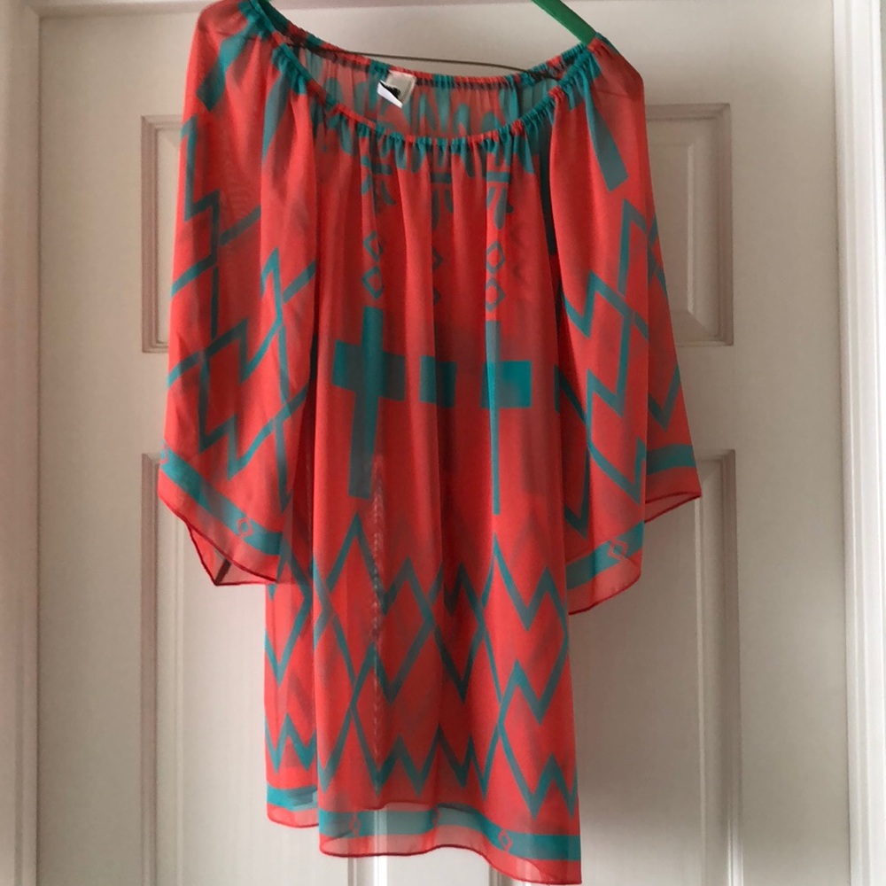 Peach/coral and teal off the shoulder tunic top